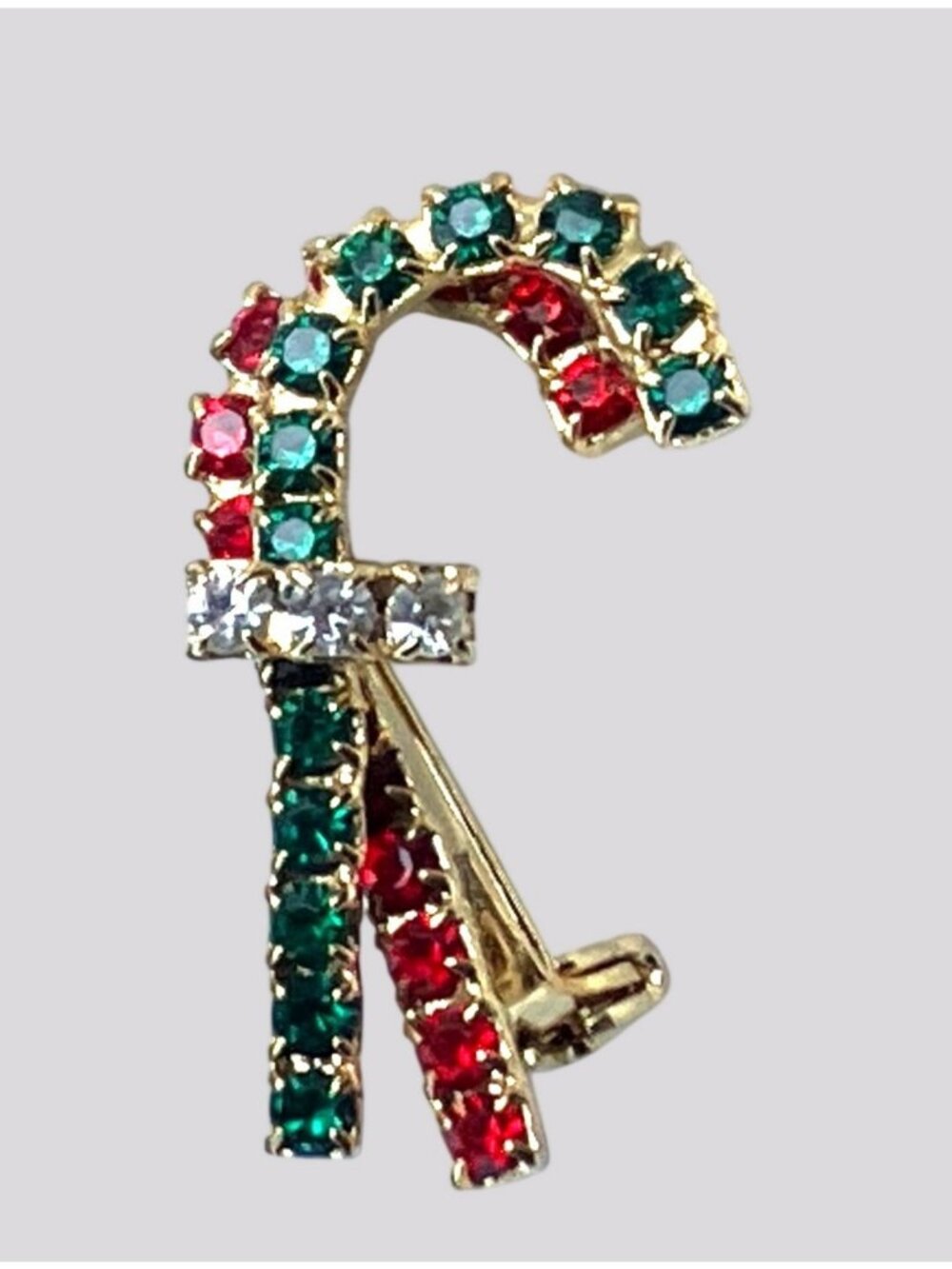 Vintage Gold Tone Rhinestone Candy Cane Brooch Pin Red Green and Clear Stones